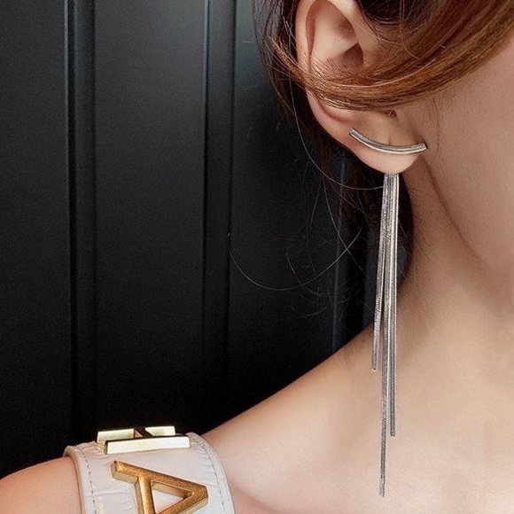 NEW Silver Bar Long Thread Tassel Earrings - Picture 2 of 4